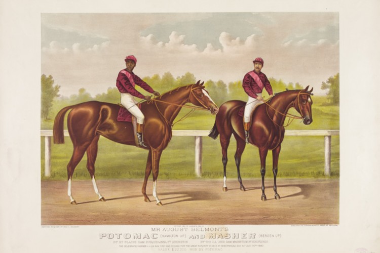 color image of two horses with jockeys