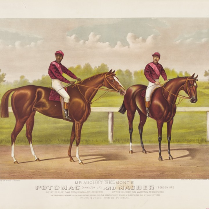 color image of two horses with jockeys